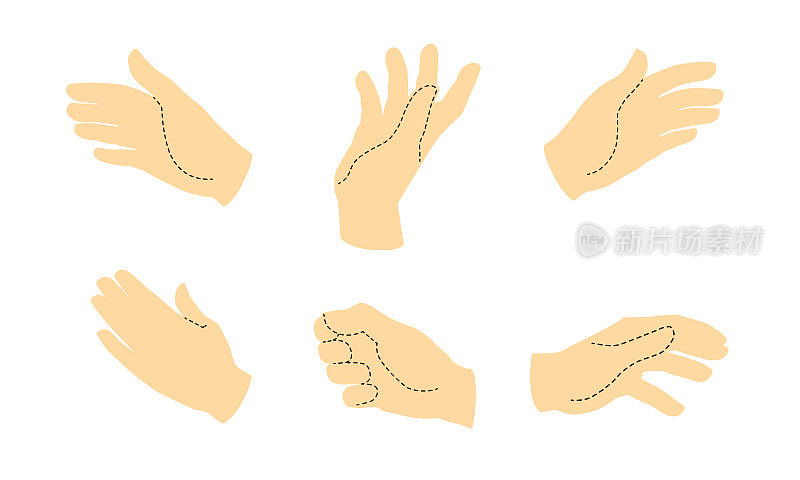A set of 6 hands of a man with a dotted line.